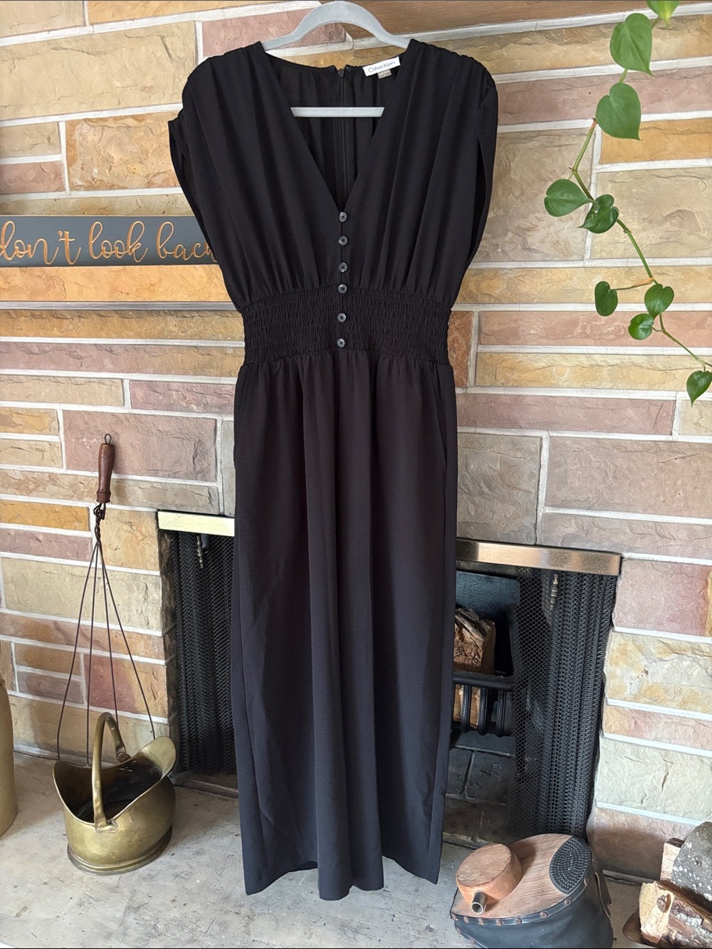 Calvin Klein Black V-Neck Smocked Waist Jumpsuit size 6. Like new.